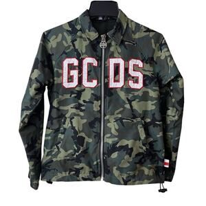 GCDS Camouflage Print Jacket Boys 12 Green Spell Out Full Zip Made In Italy
